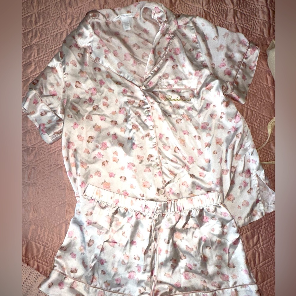 Victoria’s Secret satin shorts pajama set Floral Bridemaid logo